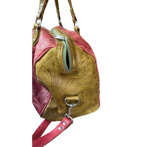 Leaders in Leather Red Brown Handbag Leather Shoulder Bag In Red & Olive Green - Picture 6 of 16